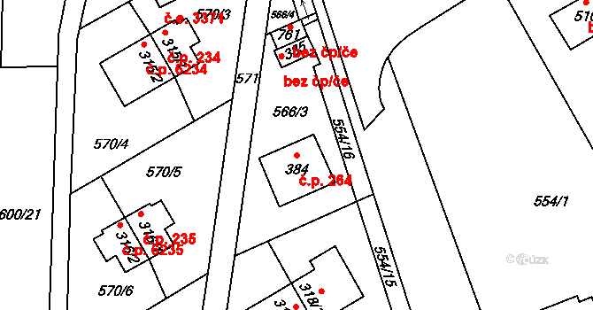 Louky 264, Zlín na parcele st. 384 v KÚ Louky nad Dřevnicí, Katastrální mapa