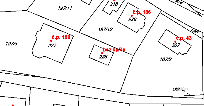 Valy 49561201 na parcele st. 228 v KÚ Valy u Mariánských Lázní, Katastrální mapa