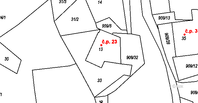 Rváčov 23, Vysočina na parcele st. 13 v KÚ Rváčov u Hlinska, Katastrální mapa