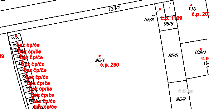 Nýřany 280 na parcele st. 95/1 v KÚ Nýřany, Katastrální mapa