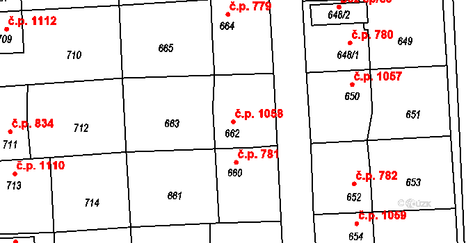 Horní Suchá 1058 na parcele st. 662 v KÚ Horní Suchá, Katastrální mapa
