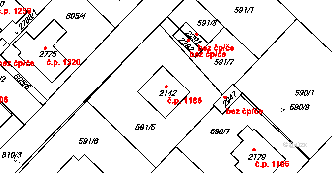 Neratovice 1186 na parcele st. 2142 v KÚ Neratovice, Katastrální mapa