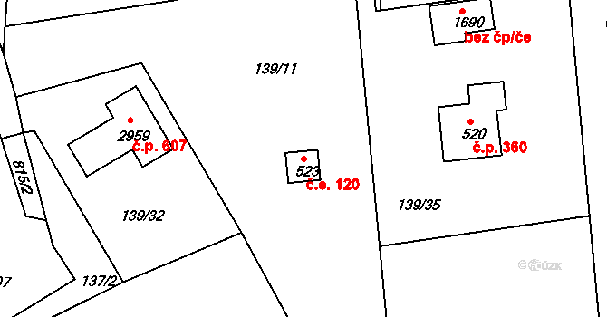 Rajchardov 120, Hradištko na parcele st. 523 v KÚ Hradištko pod Medníkem, Katastrální mapa