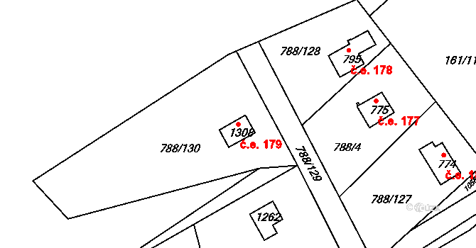 Nučice 179 na parcele st. 1308 v KÚ Nučice u Rudné, Katastrální mapa