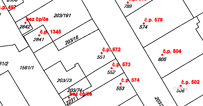 Přeštice 572 na parcele st. 551 v KÚ Přeštice, Katastrální mapa
