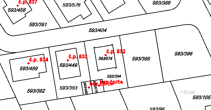 Rajhrad 832 na parcele st. 593/574 v KÚ Rajhrad, Katastrální mapa