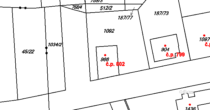 Svítkov 802, Pardubice na parcele st. 966 v KÚ Svítkov, Katastrální mapa