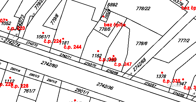 Bílé Předměstí 246, Pardubice na parcele st. 1182 v KÚ Pardubice, Katastrální mapa