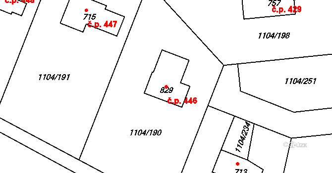 Kounice 446 na parcele st. 829 v KÚ Kounice, Katastrální mapa