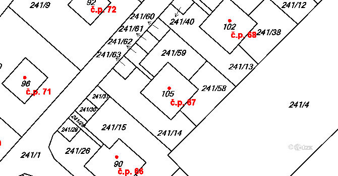 Hřivno 67, Chotětov na parcele st. 105 v KÚ Hřivno, Katastrální mapa