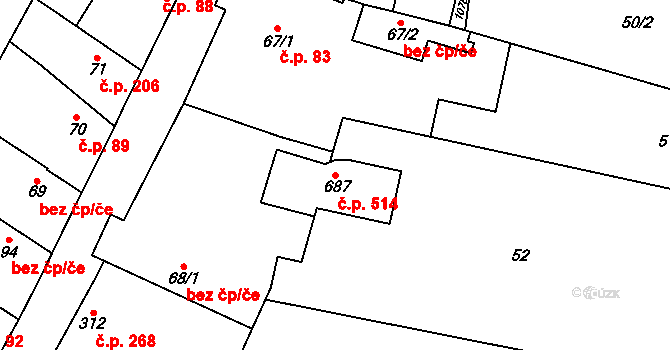 Rožďalovice 514 na parcele st. 687 v KÚ Rožďalovice, Katastrální mapa