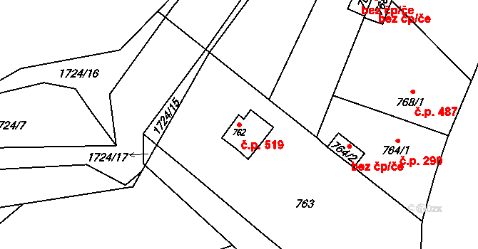 Hodslavice 519 na parcele st. 762 v KÚ Hodslavice, Katastrální mapa