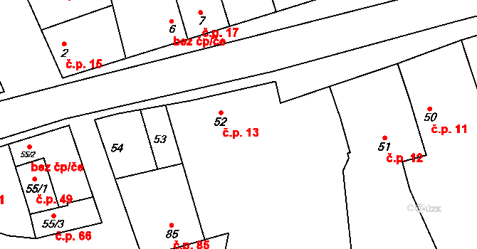 Hřivčice 13, Peruc na parcele st. 52 v KÚ Hřivčice, Katastrální mapa