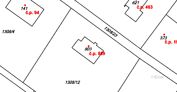 Nebory 559, Třinec na parcele st. 803 v KÚ Nebory, Katastrální mapa