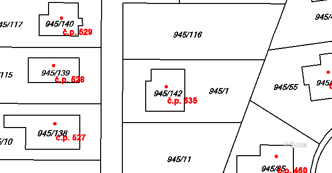 Podolí 535 na parcele st. 945/142 v KÚ Podolí u Brna, Katastrální mapa