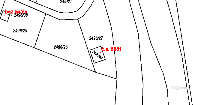 Pelhřimov 5031 na parcele st. 2496/40 v KÚ Pelhřimov, Katastrální mapa