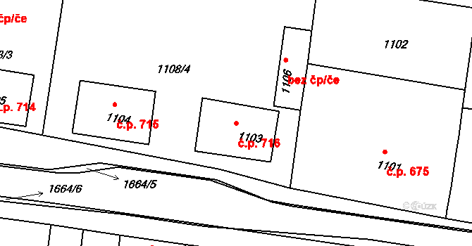 Klobouky u Brna 716 na parcele st. 1103 v KÚ Klobouky u Brna, Katastrální mapa
