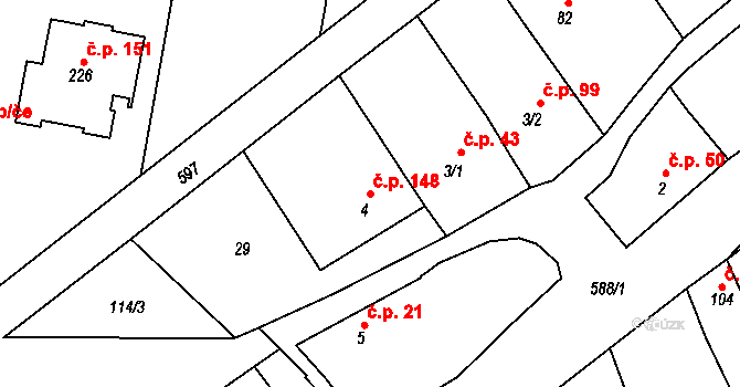 Tučapy 148, Holešov na parcele st. 4 v KÚ Tučapy u Holešova, Katastrální mapa
