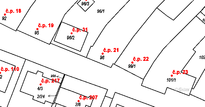 Krhovice 21 na parcele st. 98/1 v KÚ Krhovice, Katastrální mapa