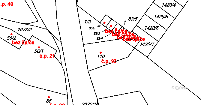 Horušice 93 na parcele st. 110 v KÚ Horušice, Katastrální mapa