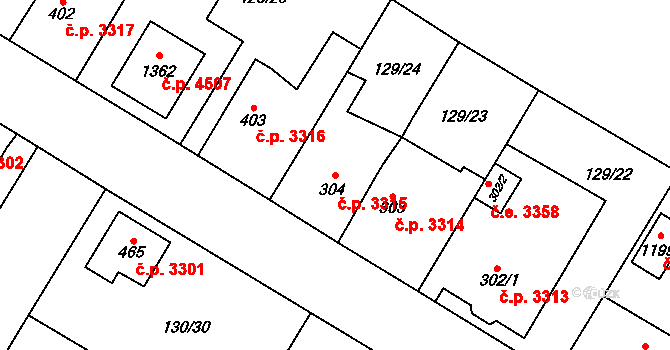 Jihlava 3315 na parcele st. 304 v KÚ Bedřichov u Jihlavy, Katastrální mapa