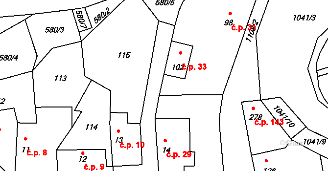 Olšany 33, Brandýsek na parcele st. 102 v KÚ Brandýsek, Katastrální mapa
