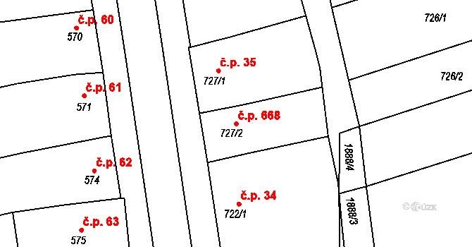 Šardice 668 na parcele st. 727/2 v KÚ Šardice, Katastrální mapa