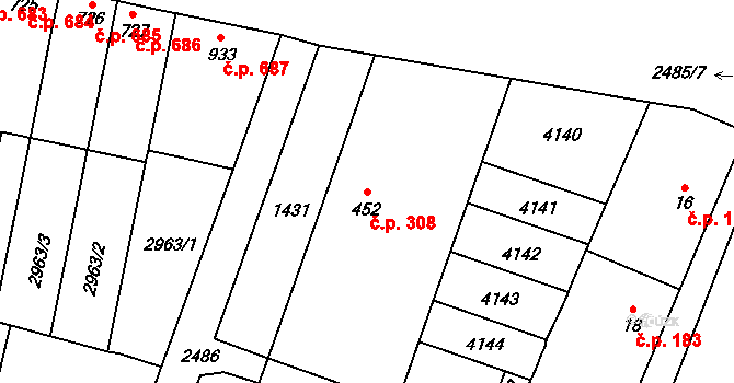 Kyjov 308 na parcele st. 452 v KÚ Kyjov, Katastrální mapa