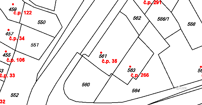 Rousínov 35 na parcele st. 561 v KÚ Rousínov u Vyškova, Katastrální mapa
