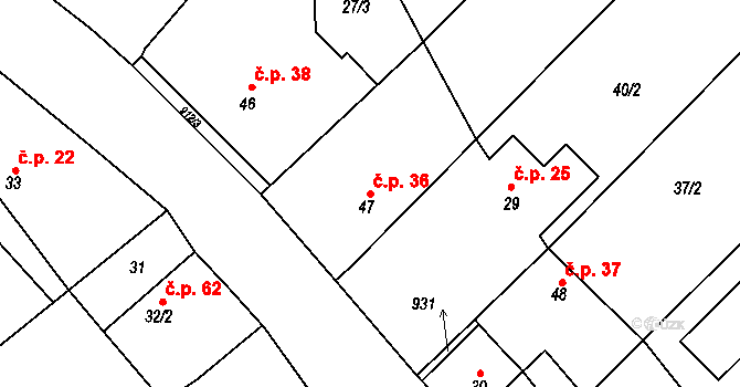 Třebohostice 36, Škvorec na parcele st. 47 v KÚ Třebohostice u Škvorce, Katastrální mapa