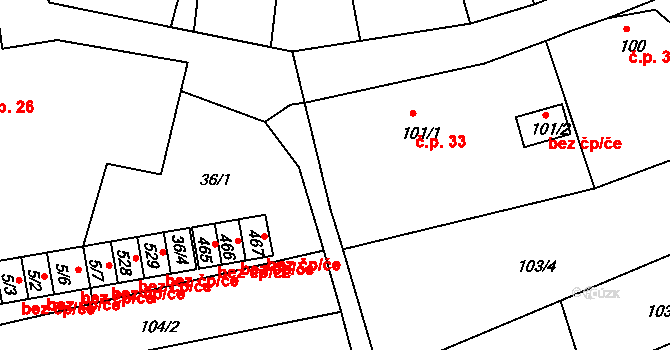 Vlastibořice 33 na parcele st. 101/1 v KÚ Vlastibořice, Katastrální mapa