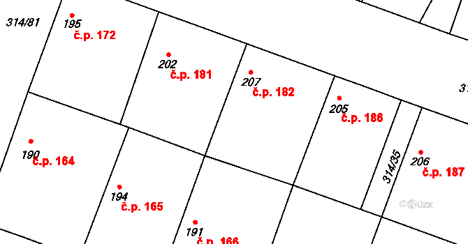 Lovčice 182 na parcele st. 207 v KÚ Lovčice u Nového Bydžova, Katastrální mapa
