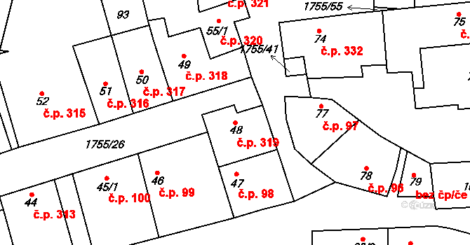 Libochovice 319 na parcele st. 48 v KÚ Libochovice, Katastrální mapa