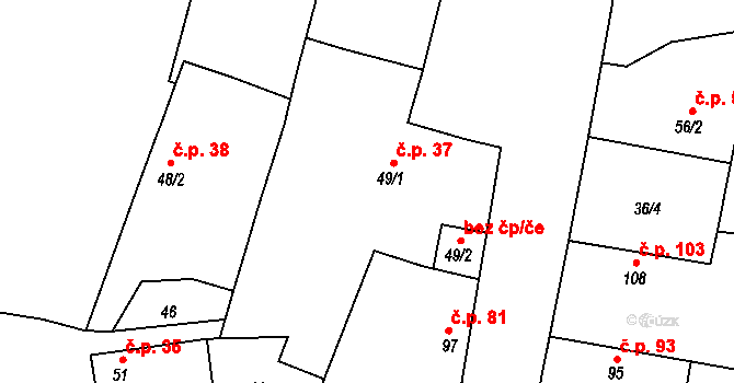 Brníkov 37, Mšené-lázně na parcele st. 49/1 v KÚ Brníkov, Katastrální mapa