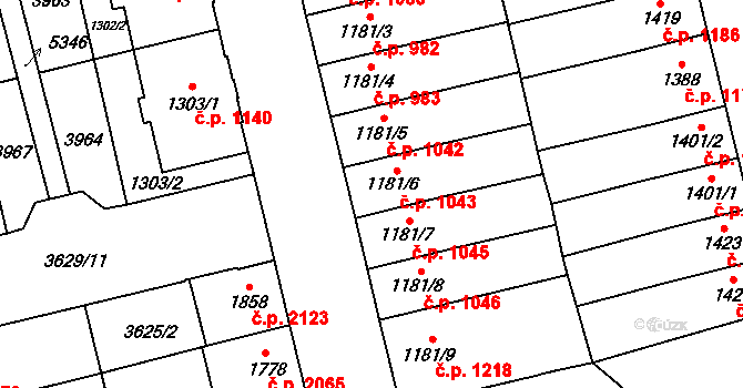 Břeclav 1043 na parcele st. 1181/6 v KÚ Břeclav, Katastrální mapa