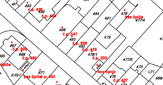 Komín 415, Brno na parcele st. 480 v KÚ Komín, Katastrální mapa