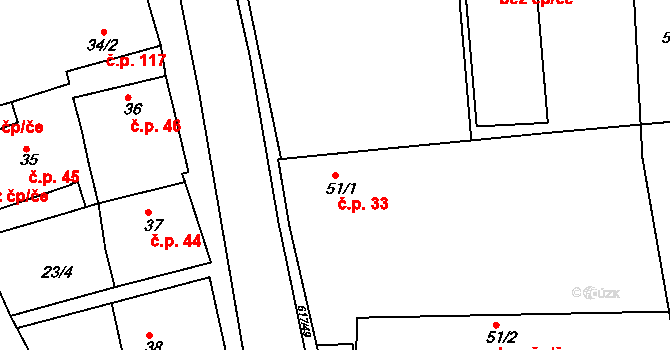 Dobroměřice 33 na parcele st. 51/1 v KÚ Dobroměřice, Katastrální mapa