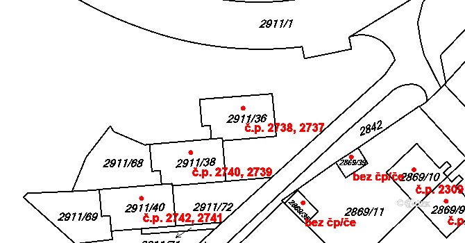 Teplice 2737,2738 na parcele st. 2911/36 v KÚ Teplice, Katastrální mapa
