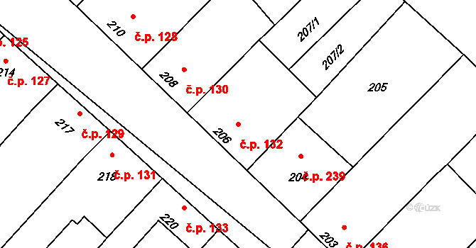 Jevišovka 132 na parcele st. 206 v KÚ Jevišovka, Katastrální mapa