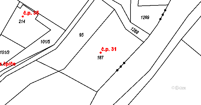Jiříčkov 31, Světlá pod Ještědem na parcele st. 187 v KÚ Světlá pod Ještědem, Katastrální mapa