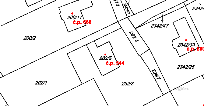 Lipence 544, Praha na parcele st. 202/5 v KÚ Lipence, Katastrální mapa