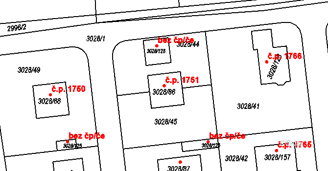 Roztoky 1751 na parcele st. 3028/86 v KÚ Žalov, Katastrální mapa