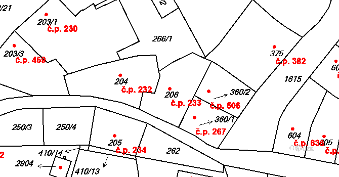 Milevsko 233 na parcele st. 206 v KÚ Milevsko, Katastrální mapa