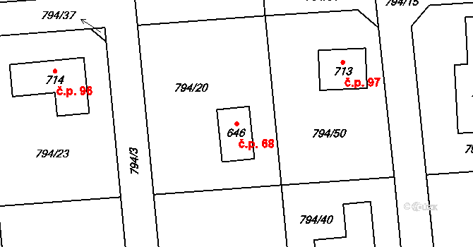 Halouny 68, Svinaře na parcele st. 646 v KÚ Svinaře, Katastrální mapa