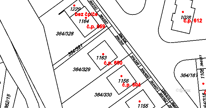 Nučice 660 na parcele st. 1163 v KÚ Nučice u Rudné, Katastrální mapa