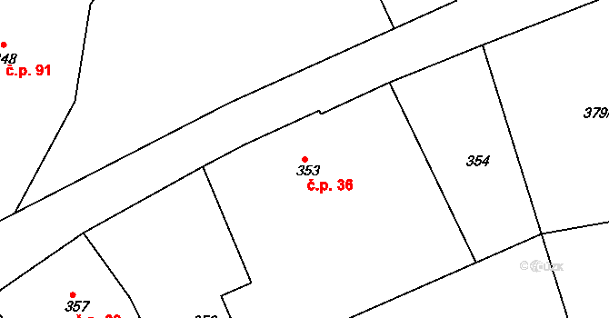 Vítová 36, Fryšták na parcele st. 353 v KÚ Vítová, Katastrální mapa