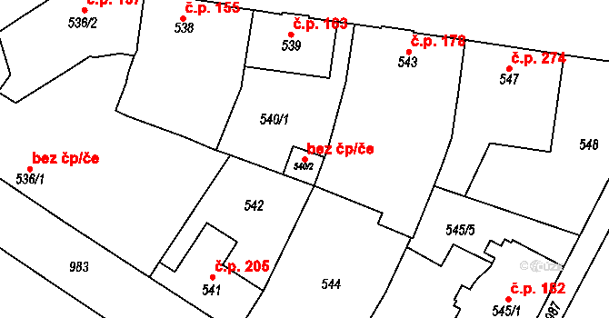 Milovice 40076202 na parcele st. 540/2 v KÚ Milovice nad Labem, Katastrální mapa