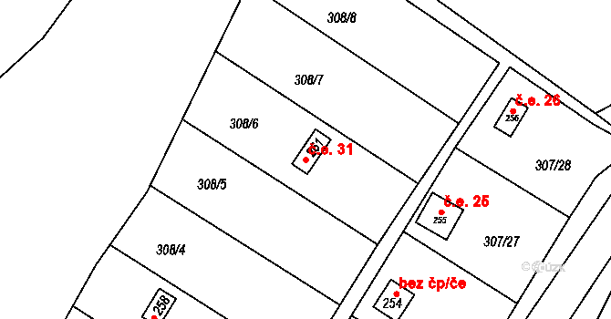 Tuchoměřice 31 na parcele st. 261 v KÚ Kněžívka, Katastrální mapa