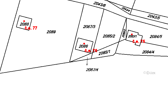 Buchlovice 76 na parcele st. 2086 v KÚ Buchlovice, Katastrální mapa