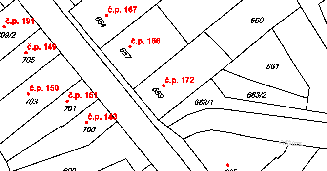 Pustiměřské Prusy 172, Pustiměř na parcele st. 659 v KÚ Pustiměř, Katastrální mapa
